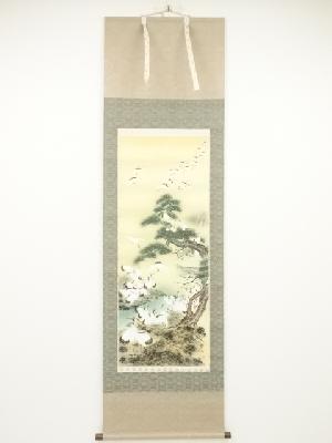 祥山筆　二重橋と百鶴　肉筆絹本掛軸（共箱）